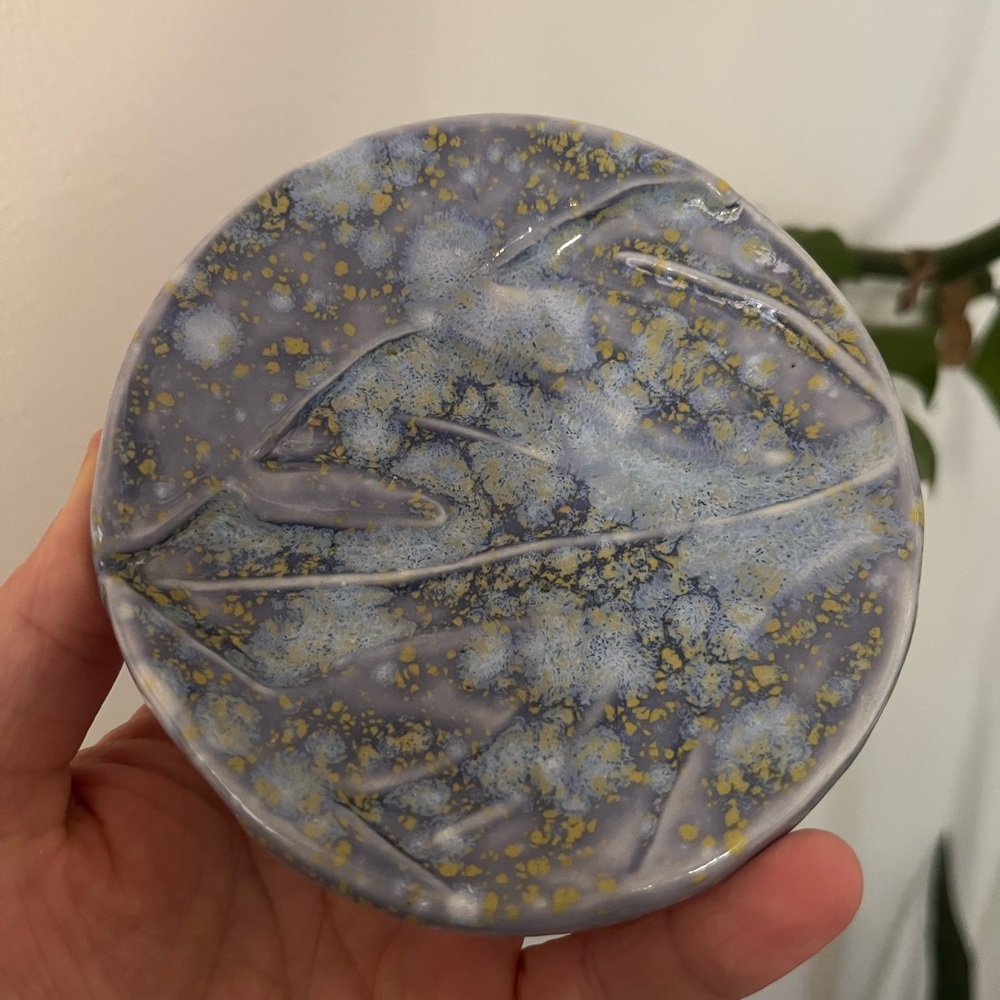 Handcrafted Ceramic Jewelry Dish Purple with Leaf